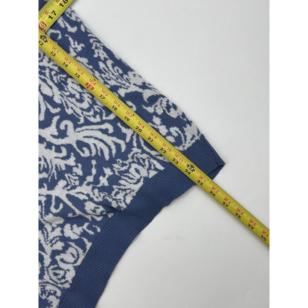 Womens Blue and White Damask Floral Knit Crewneck Pullover Sweater Long Sleeve - Picture 6 of 6